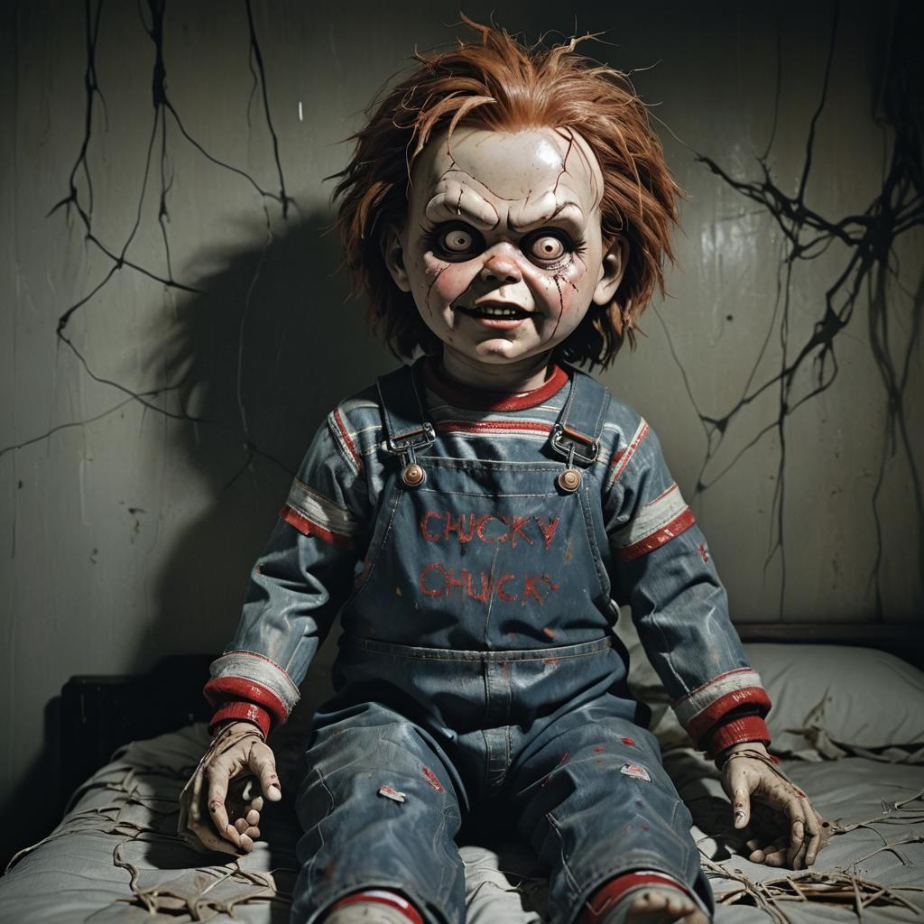 Cursed Chucky Doll in Dark Bedroom: Horror Art