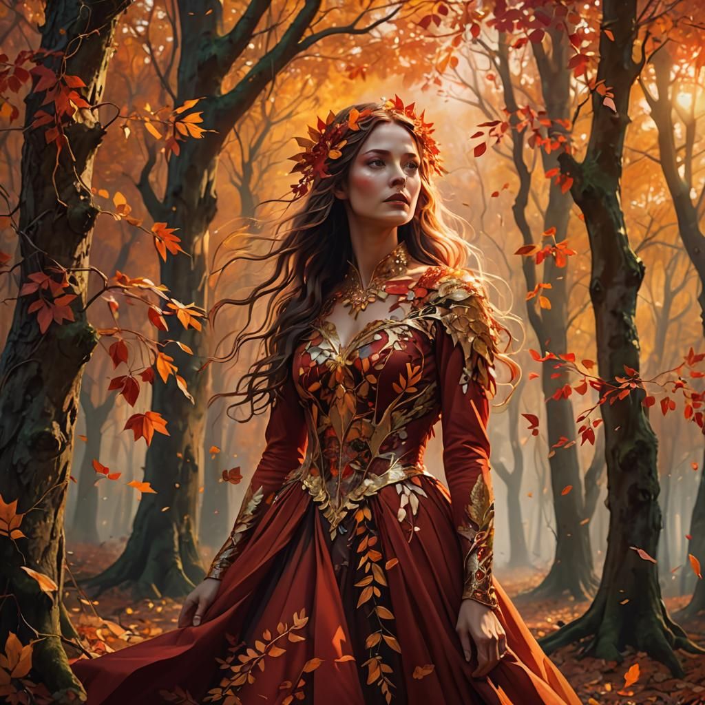 Enigmatic Forest Woman in Autumn Foliage Dress