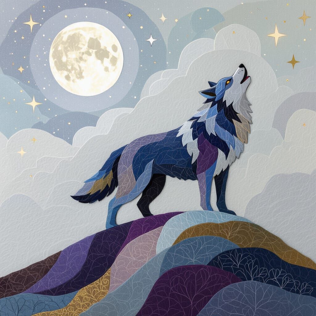 Felted Wool Wolf Howling at Moon in Dreamlike Atmosphere