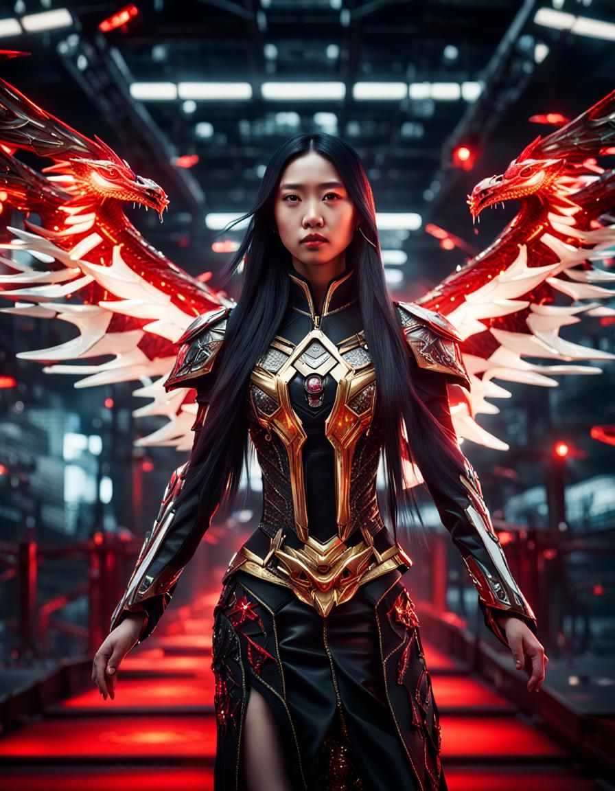 Cyberpunk Angel with Dragons and Crystals