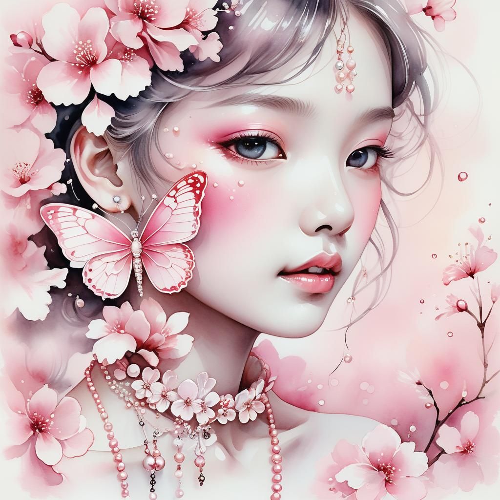 Pink Pearl Butterfly: Monochromatic Watercolour Portrait