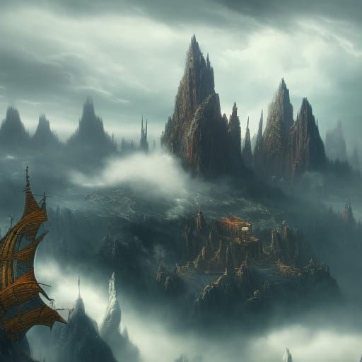 Fantastical Ship Sailing Through Clouds