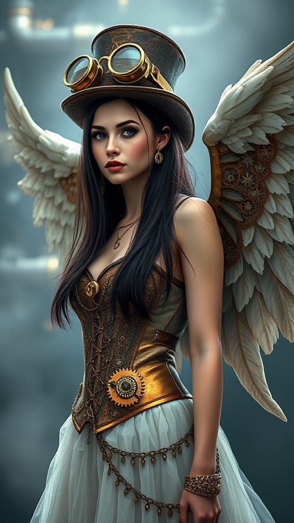 Steampunk Angel in Victorian Elegance with Mechanical Wings