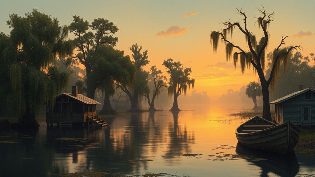 A Dreamy Bayou Sunset in the Great Depression Era