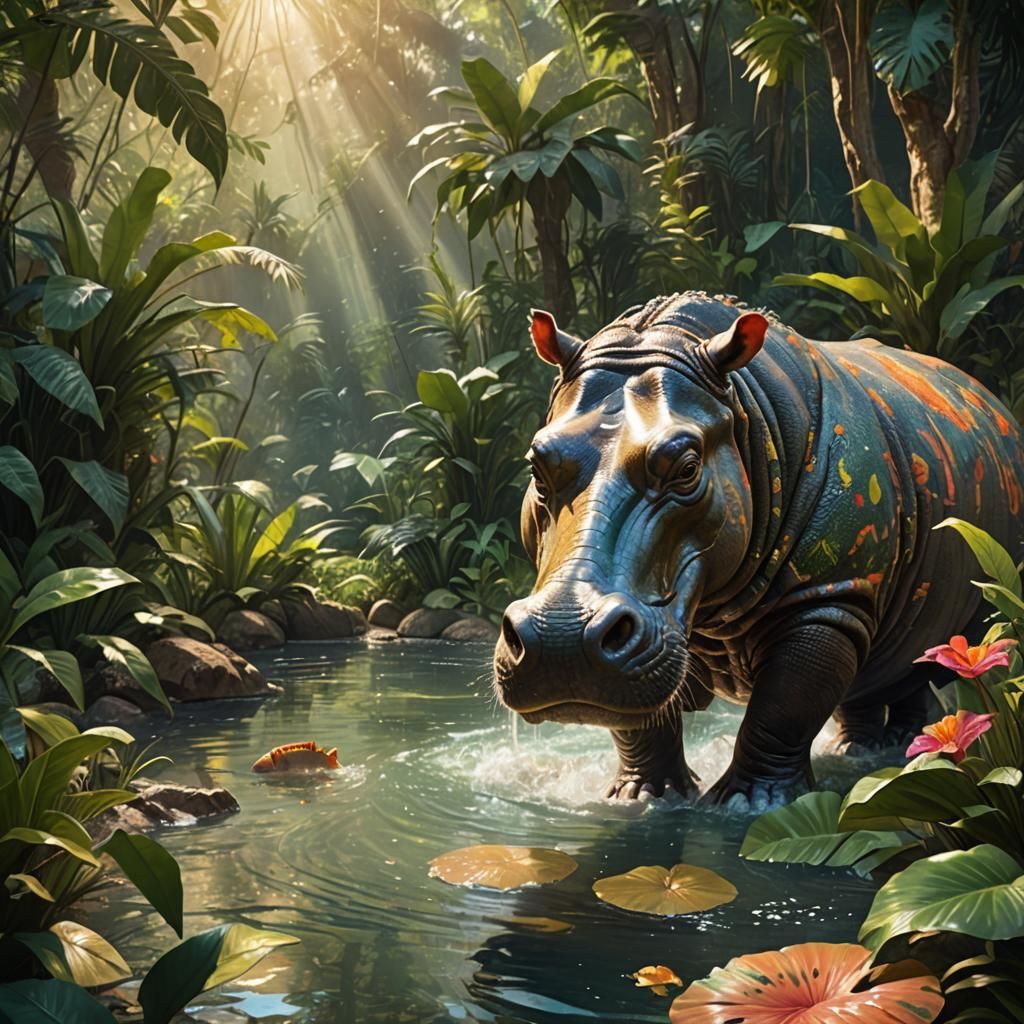 Hyperrealistic Man Taming Hippopotamus in Jungle