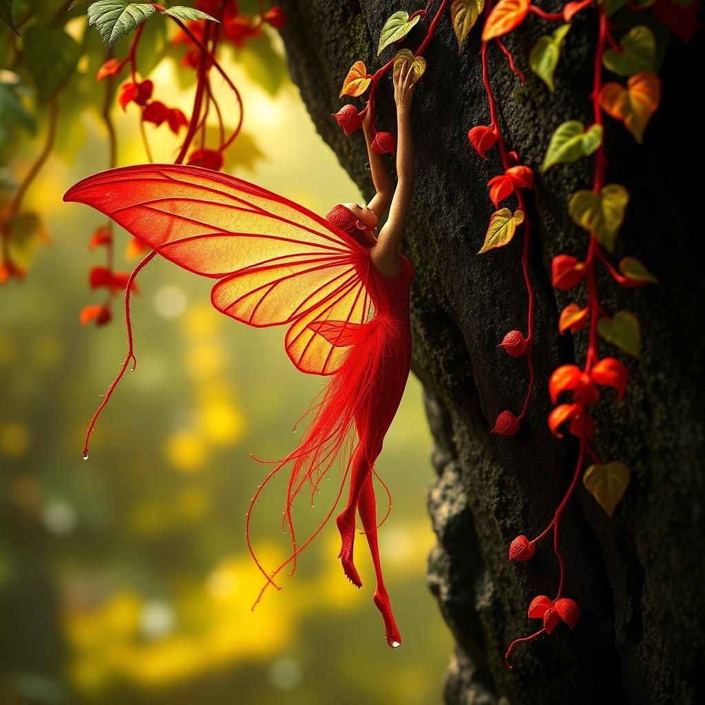 Red Fairy on Crimson Vines: Fantasy Illustration