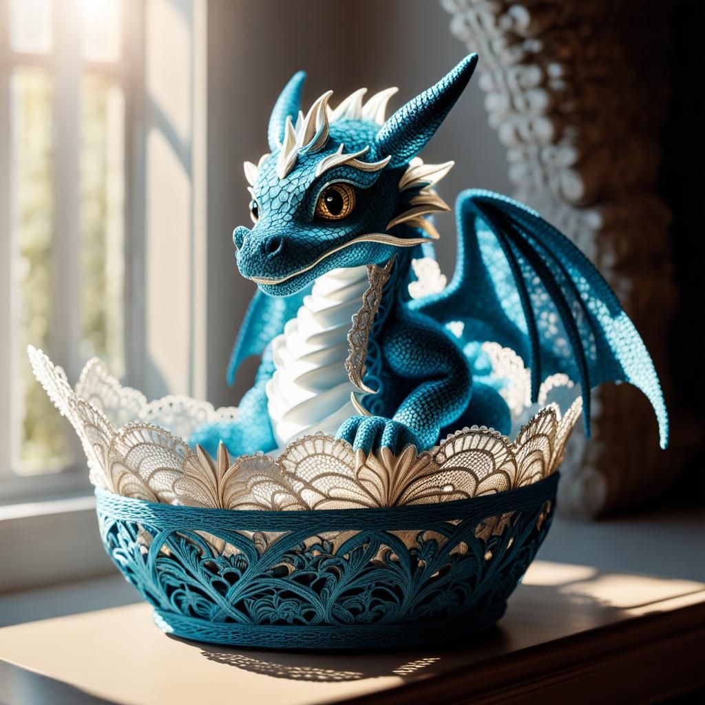 Lace Baby Dragon in Basket: Hyperrealistic 8k Art