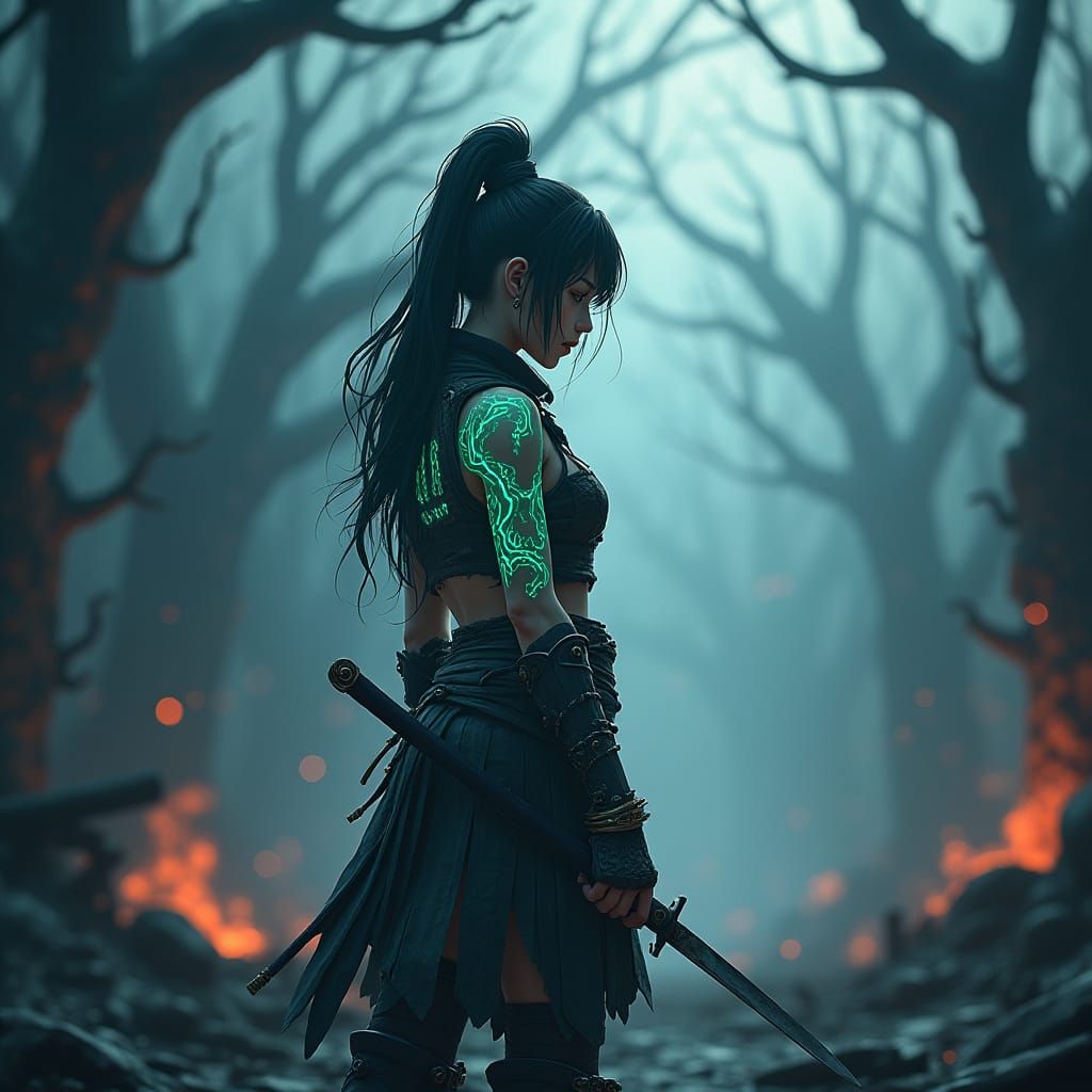 Woman Warrior with Ghost Tattoos in Haunted Anime Realm