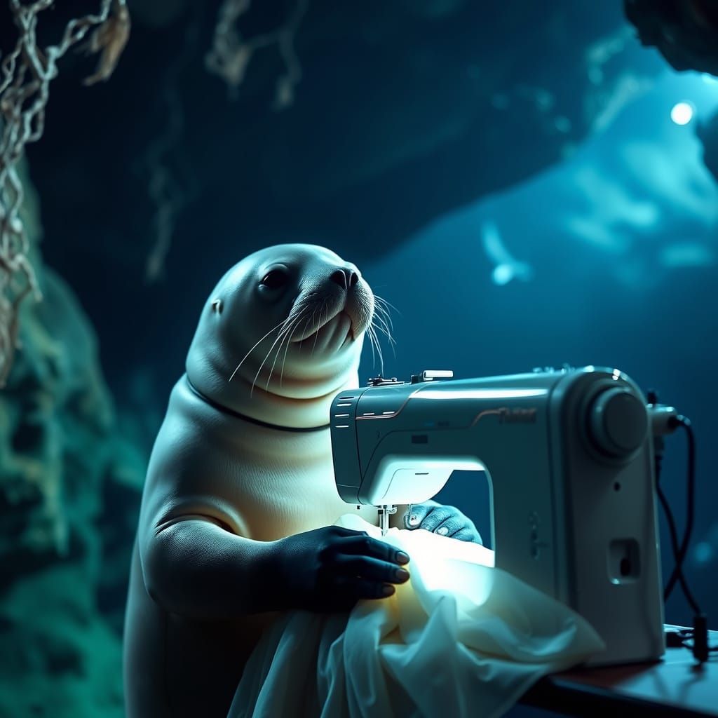 Friendly Monk Seal Sewing Dress in Lit Underwater Cave