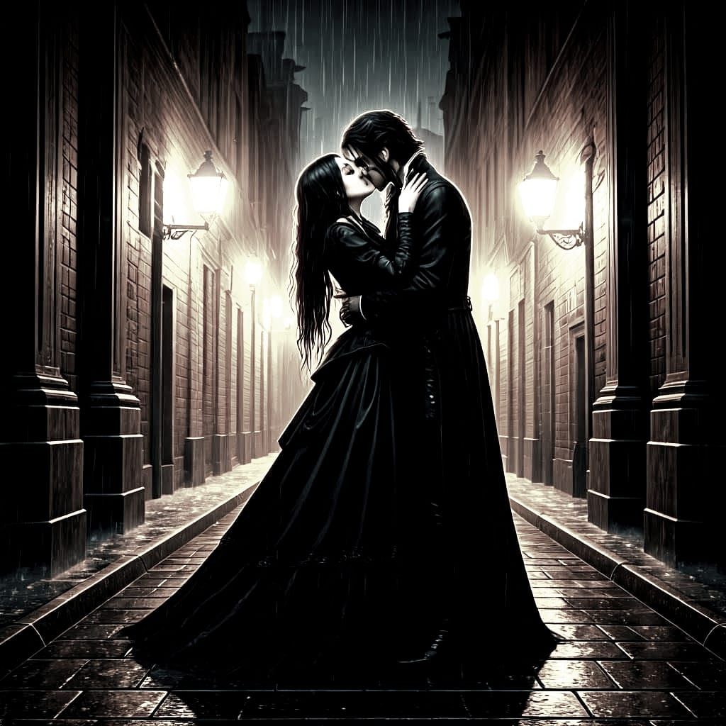 Gothic Romance: Couple Kissing in Rainy Alleyway