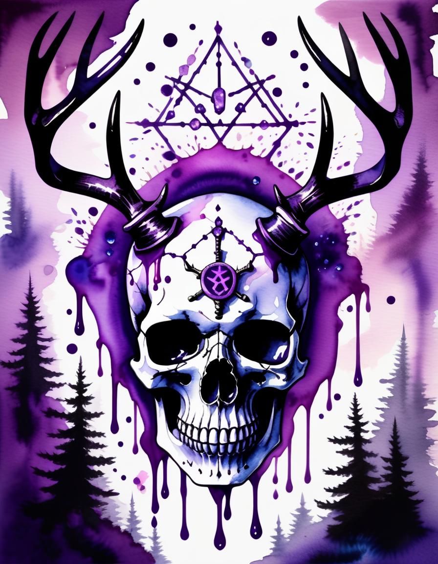 Pastel Goth Skull with Runes in Watercolor Style