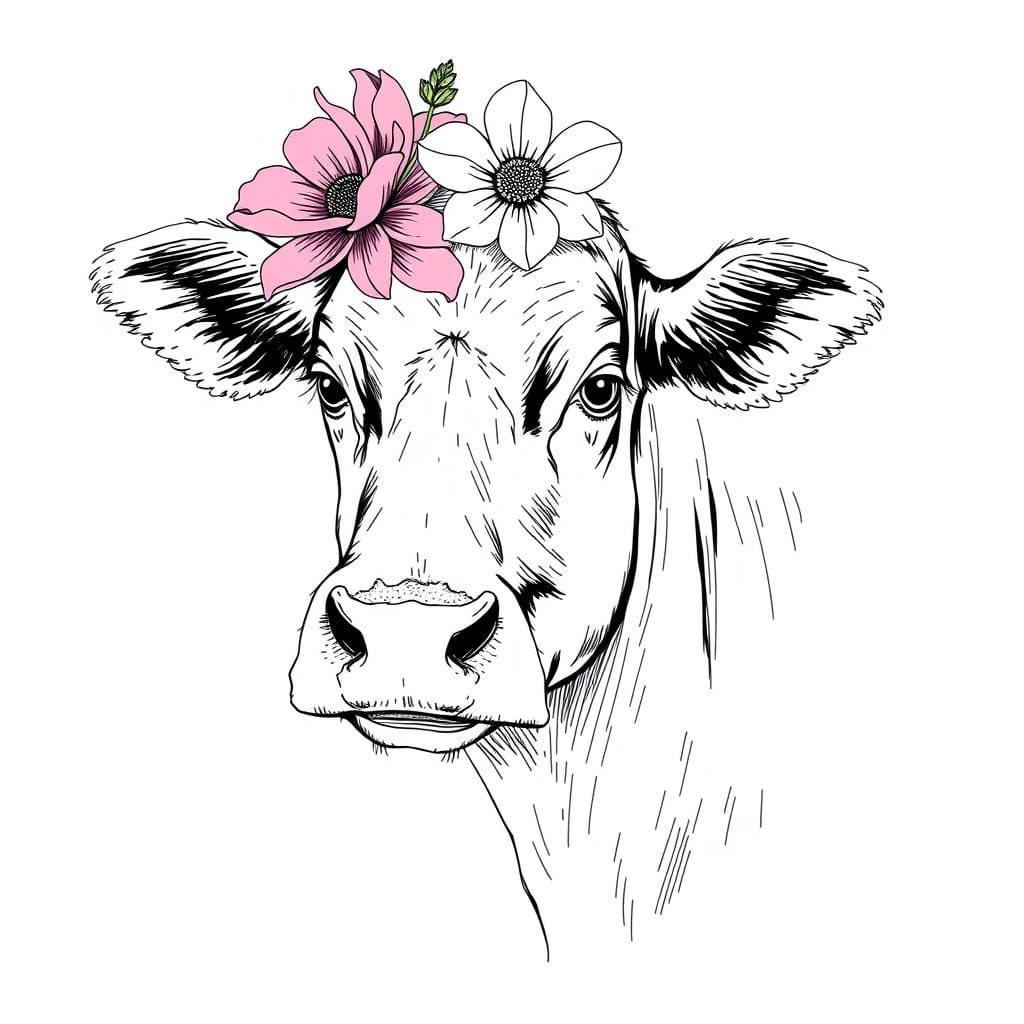 Cow with Flower: Black and White Whimsical Sketch