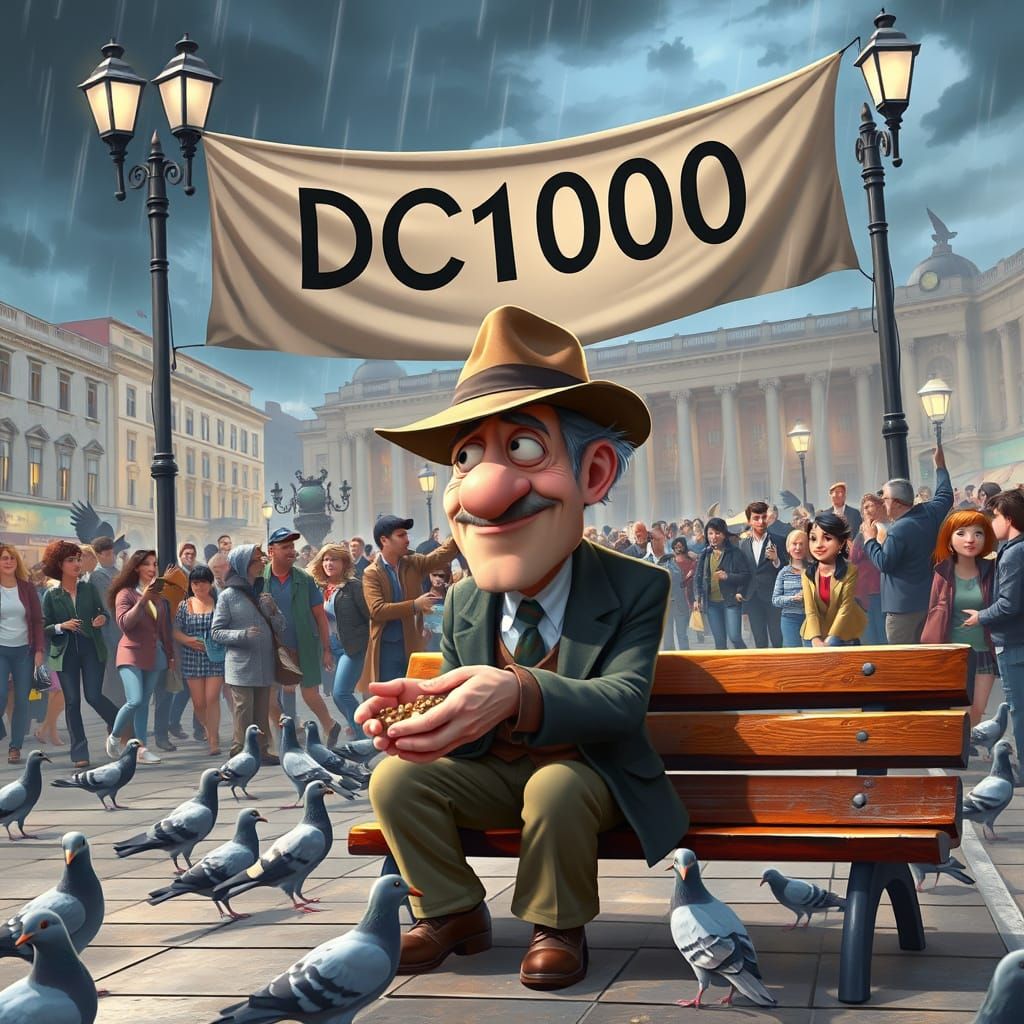Pixar-Style Scene: Shabby Man Celebrates DC1000 Win