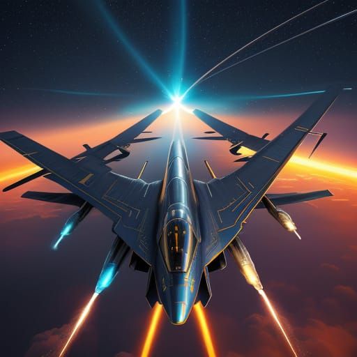 Golden Alien Plane Battles Jet: Sci-Fi Digital Art