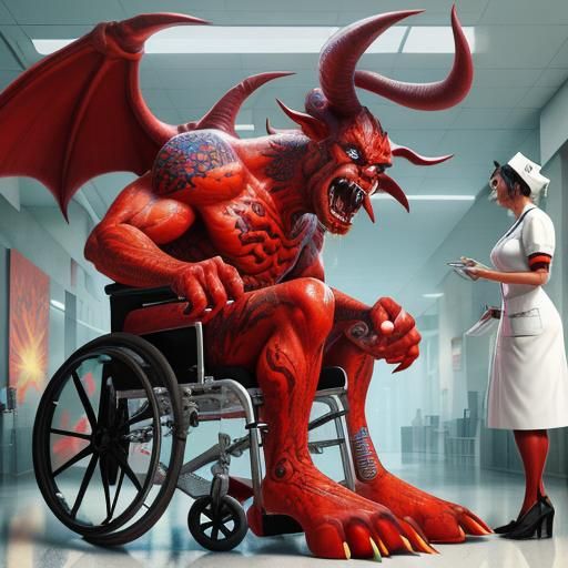 Cartoon Red Devil in Hospital Lobby