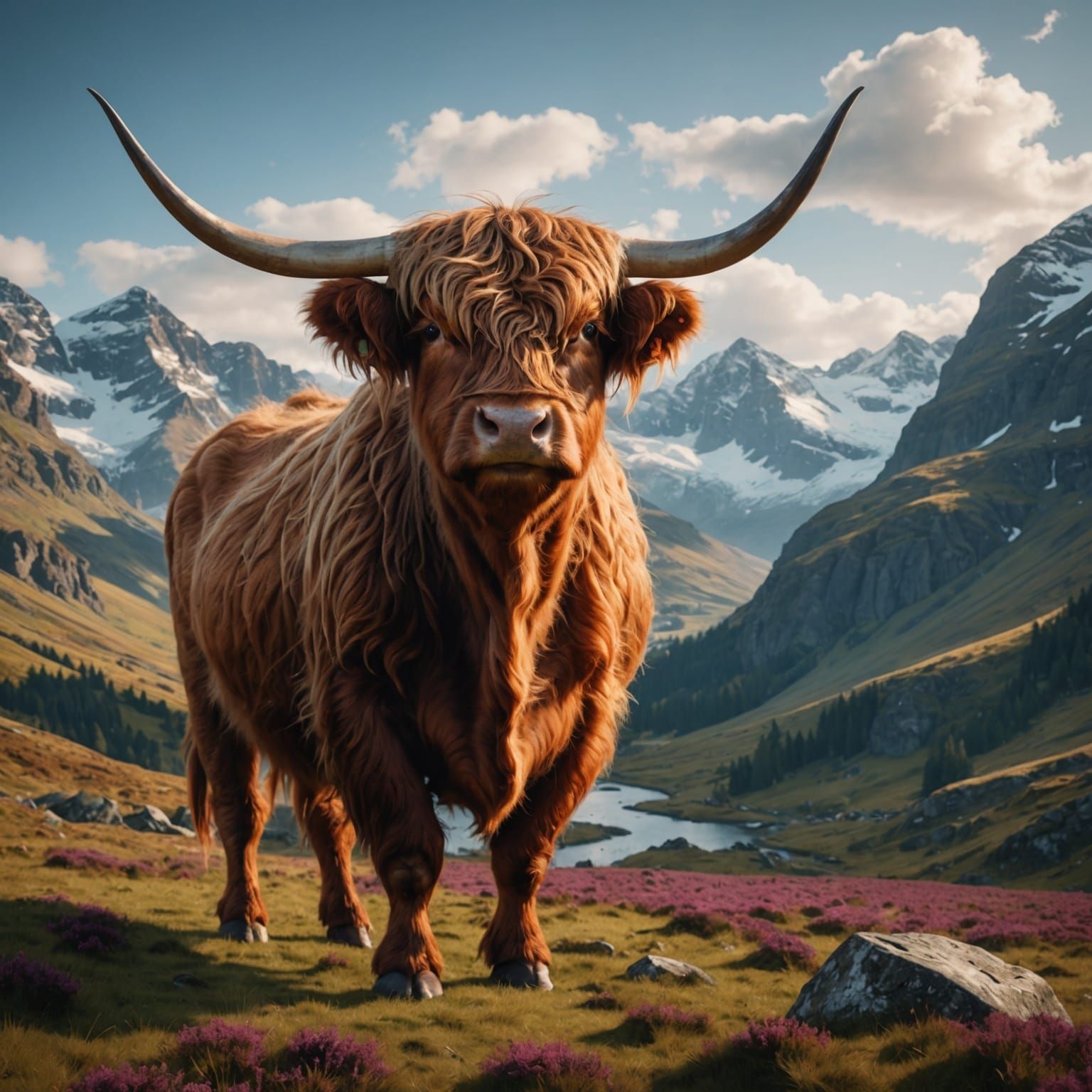 Happy Highland Cow in Detailed Matte Painting