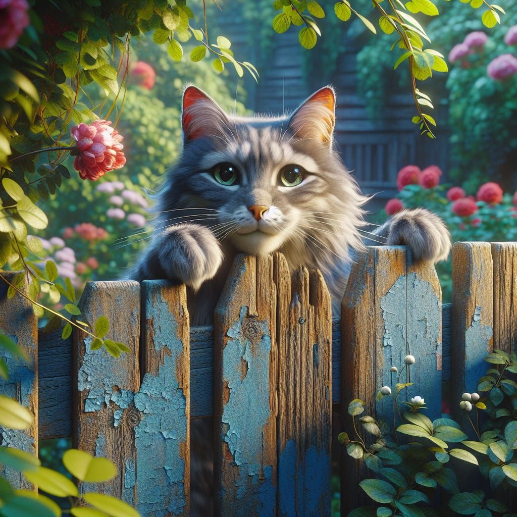 Gray Tabby Cat in Summer Garden, Matte Painting