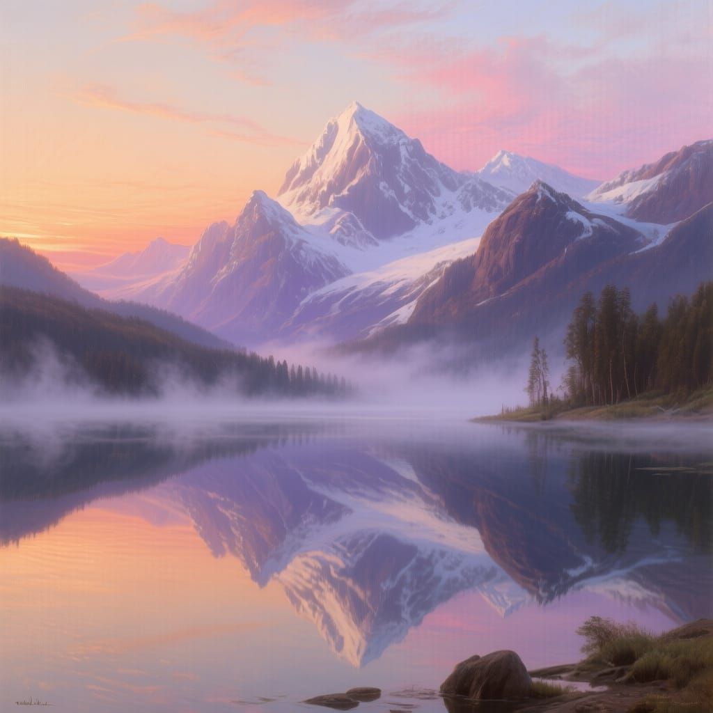 Serene Mountain Lake Sunrise Oil Painting