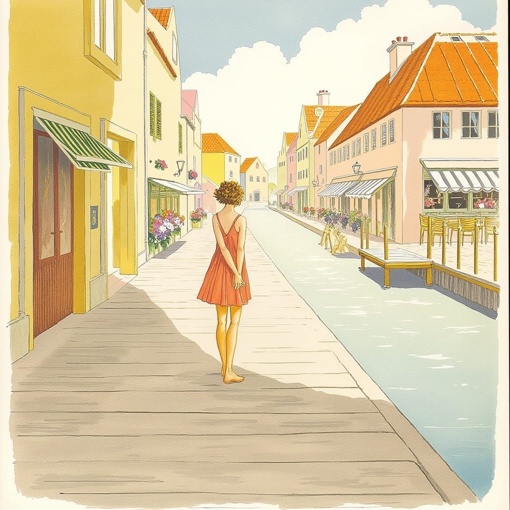Vintage Summer Town Pier Scene in Watercolor Style