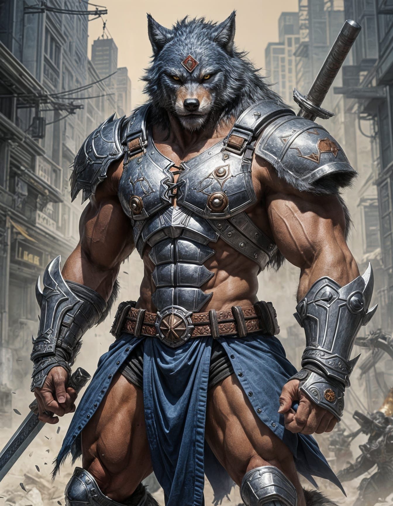 Muscular Wolf-Man Samurai Wields Katana