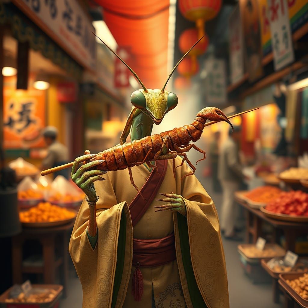 Anthropomorphic Praying Mantis in Bustling Market, Concept A...