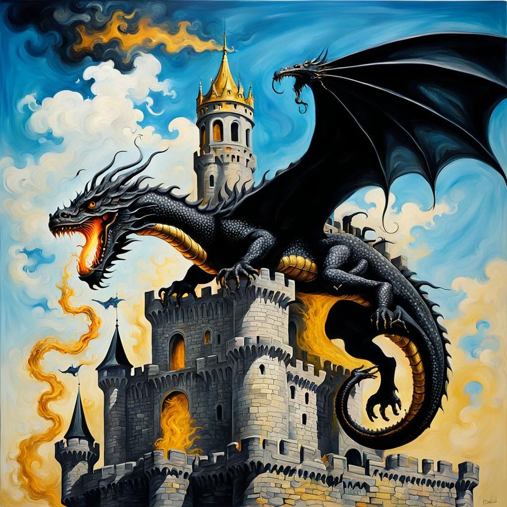 Black Dragon with Gold Details on Castle Tower