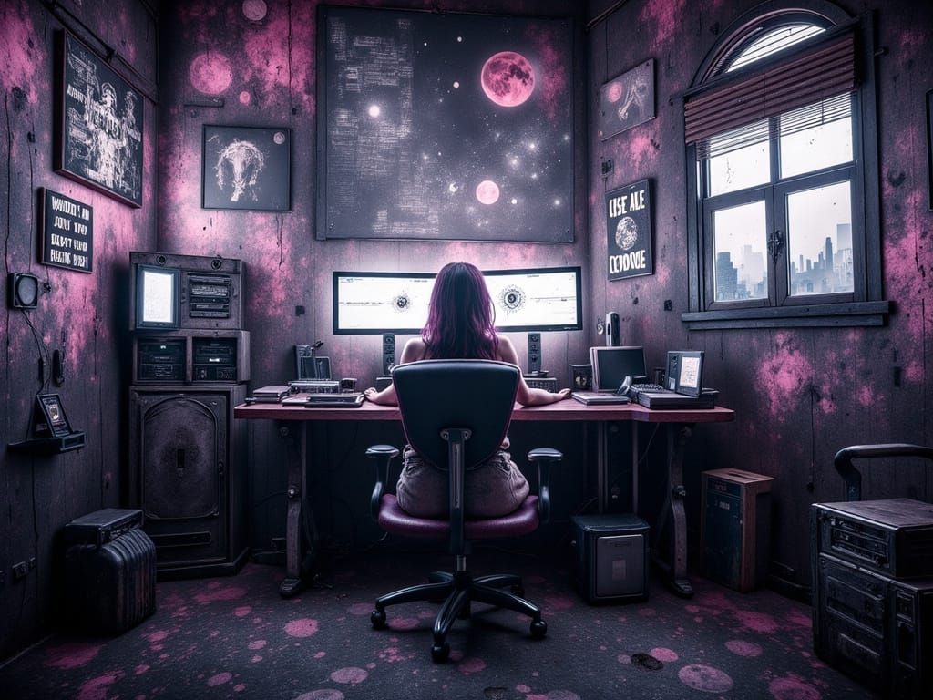 Grunge Girl in Cyberpunk Apartment Working on Computer