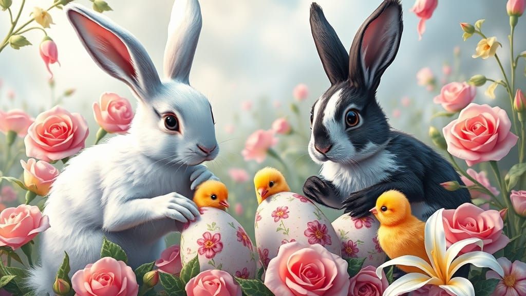 Rabbits and Chicks Painting Easter Eggs in Candy Art Style