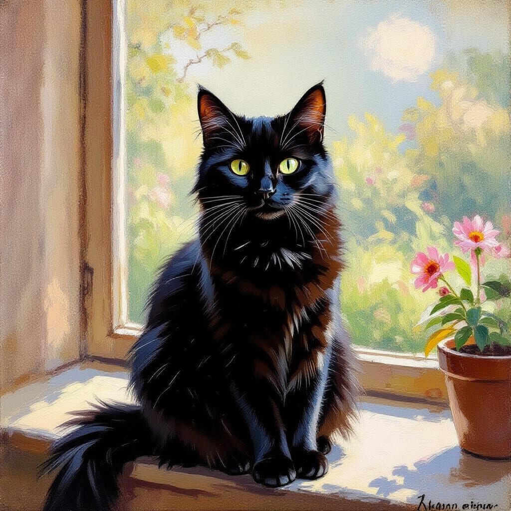 Friendly Black Cat in Sunny Room, Impressionist Style