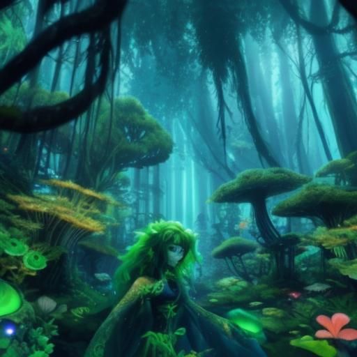 Lush Biopunk Forest with Cyborgs and Animals