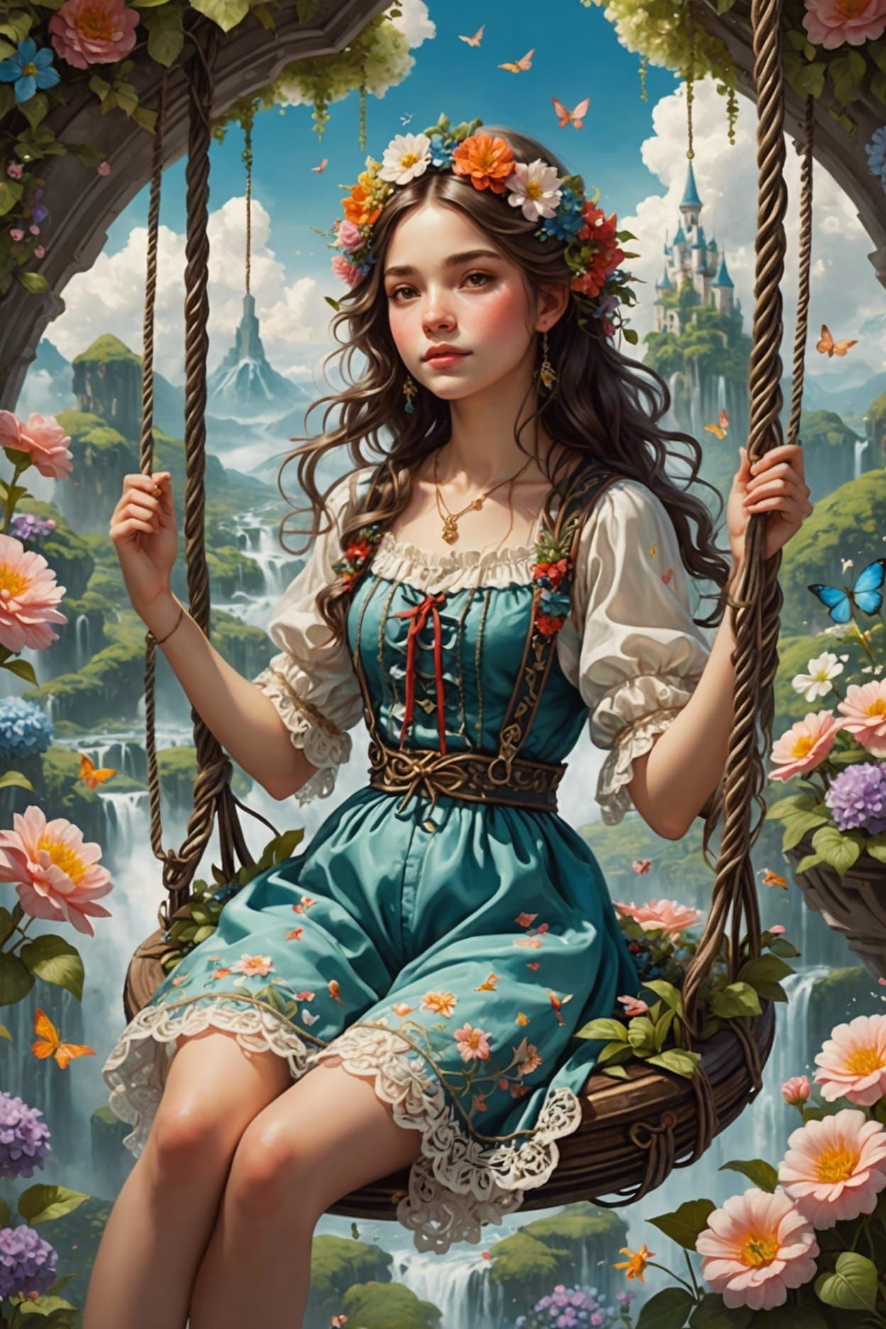 Girl on Floral Swing in Dreamy Anime Realm