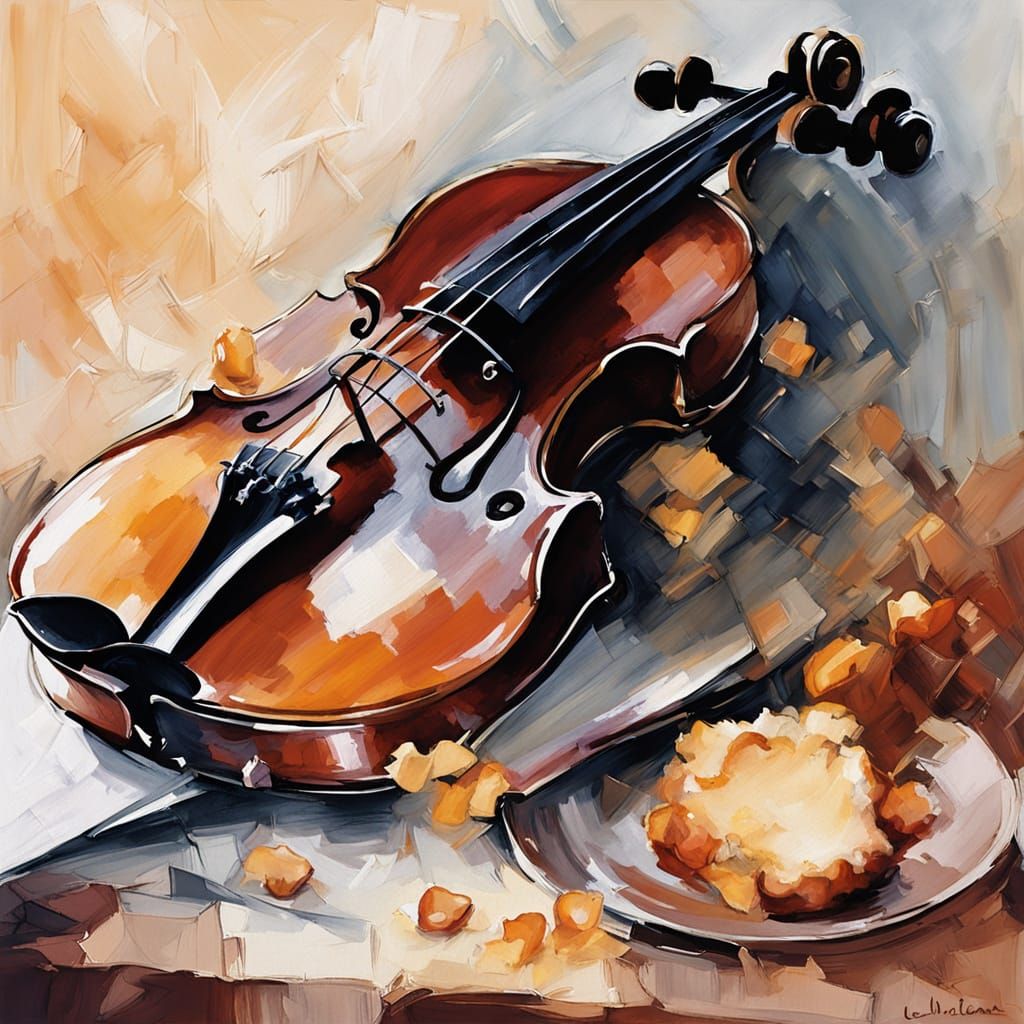 French Impressionist Brioche and Caramel Still Life on Violi...