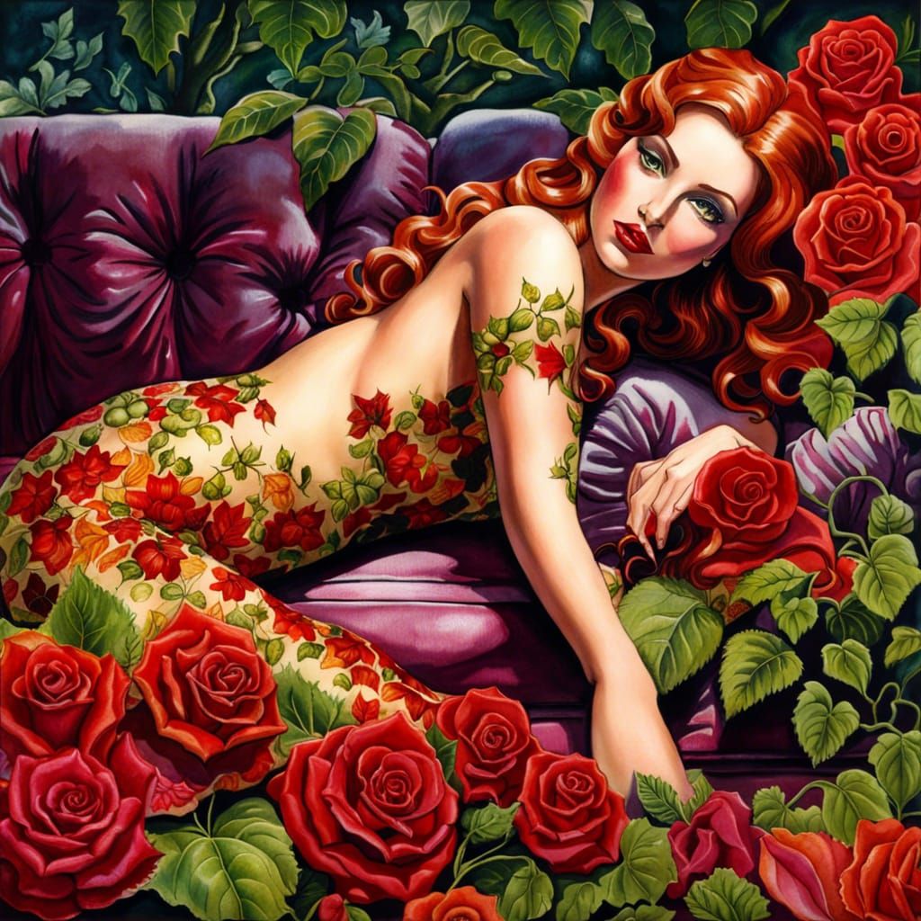 Seductive Poison Ivy on Rose Couch, Watercolor Art