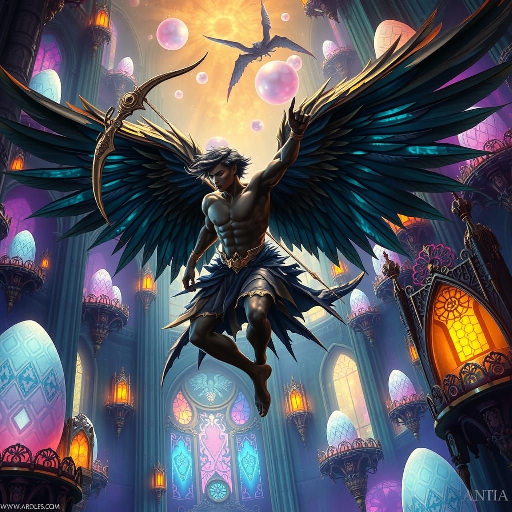 Winged Figure Soars Through Biomechanical Castle