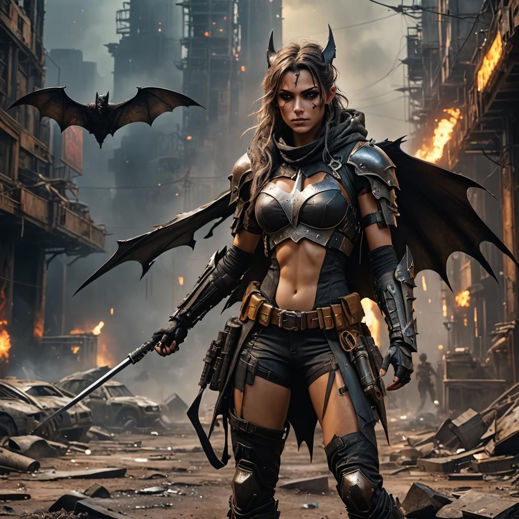 Bat-Girl in Post-Apocalyptic Wasteland: Digital Art