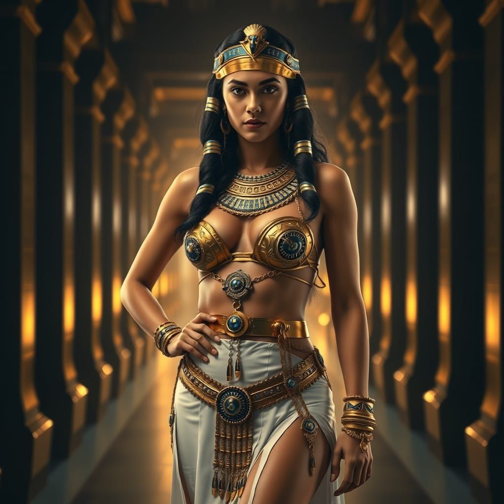 Cleopatra in Opulent Egyptian Hallway: Digital Painting