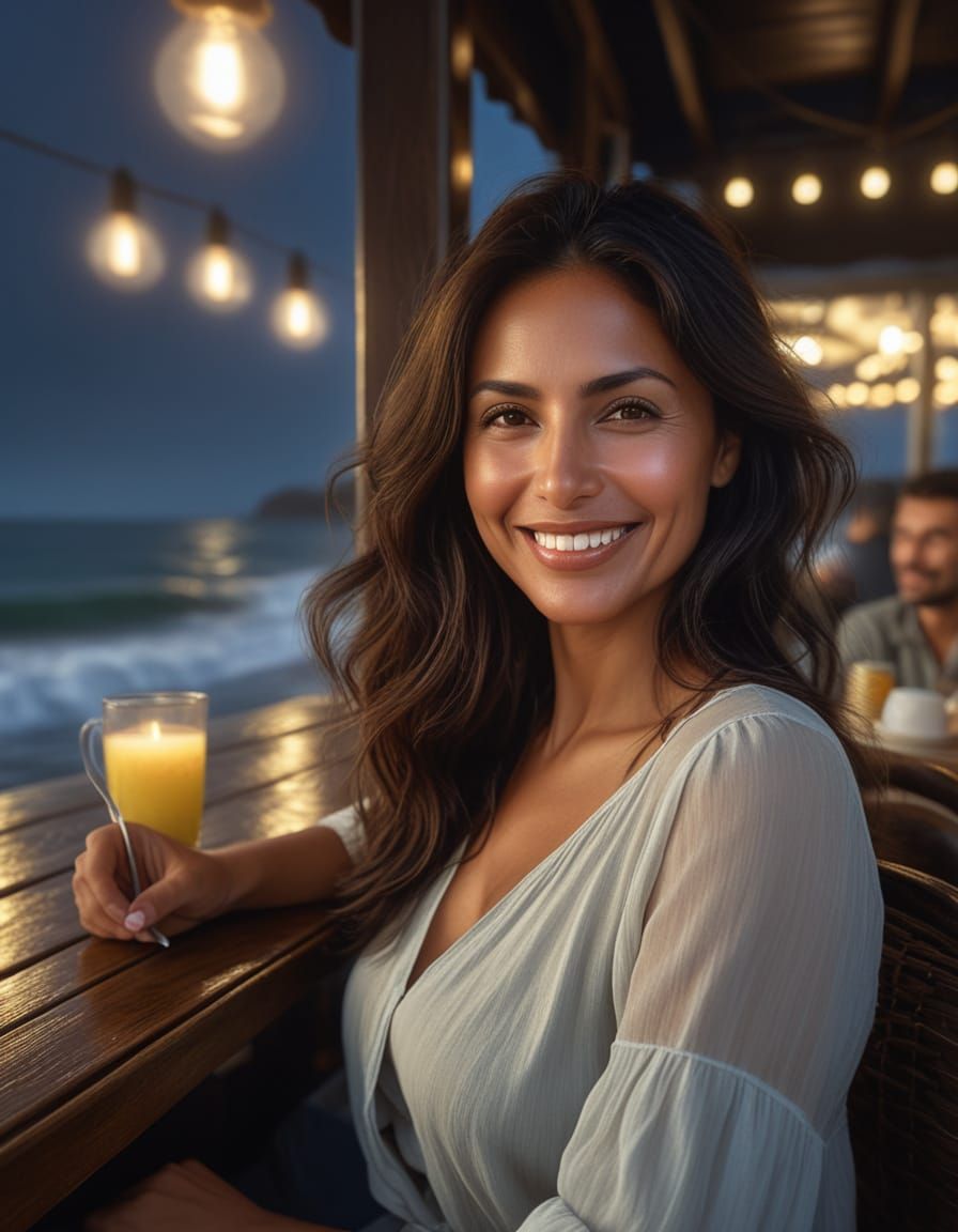 Woman at Seaside Cafe in Romantic Realism Style