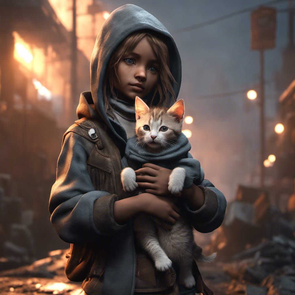 Girl with Kitten in Apocalyptic Cityscape: 3D Game Art