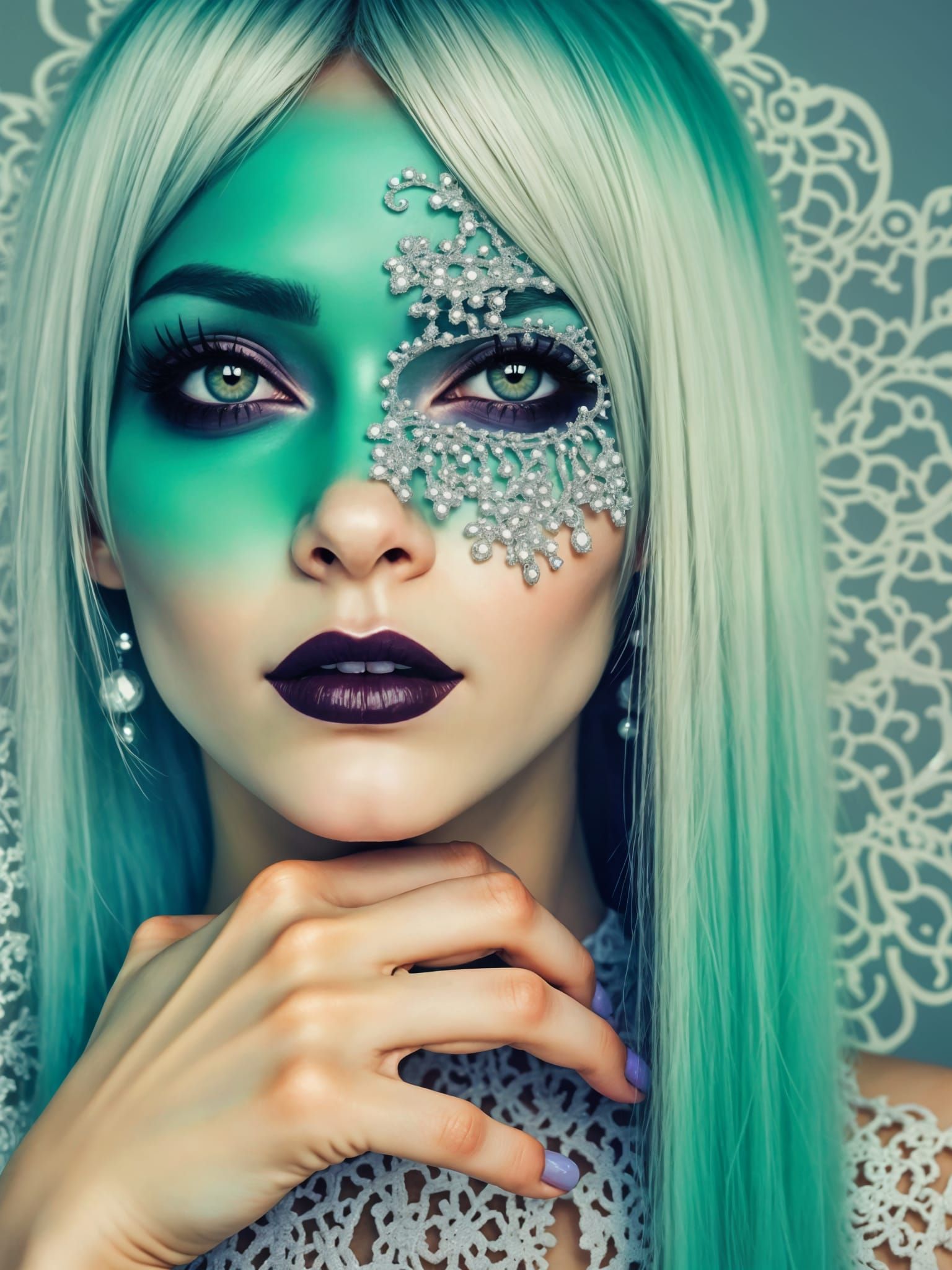 Beautiful Alien Vampire Woman in White Lace Dress