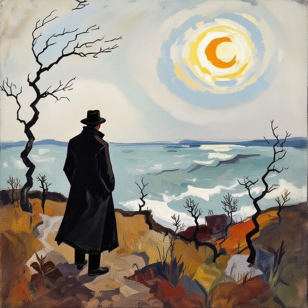 Melancholy Figure Overlooking Chaotic Sea as Impasto