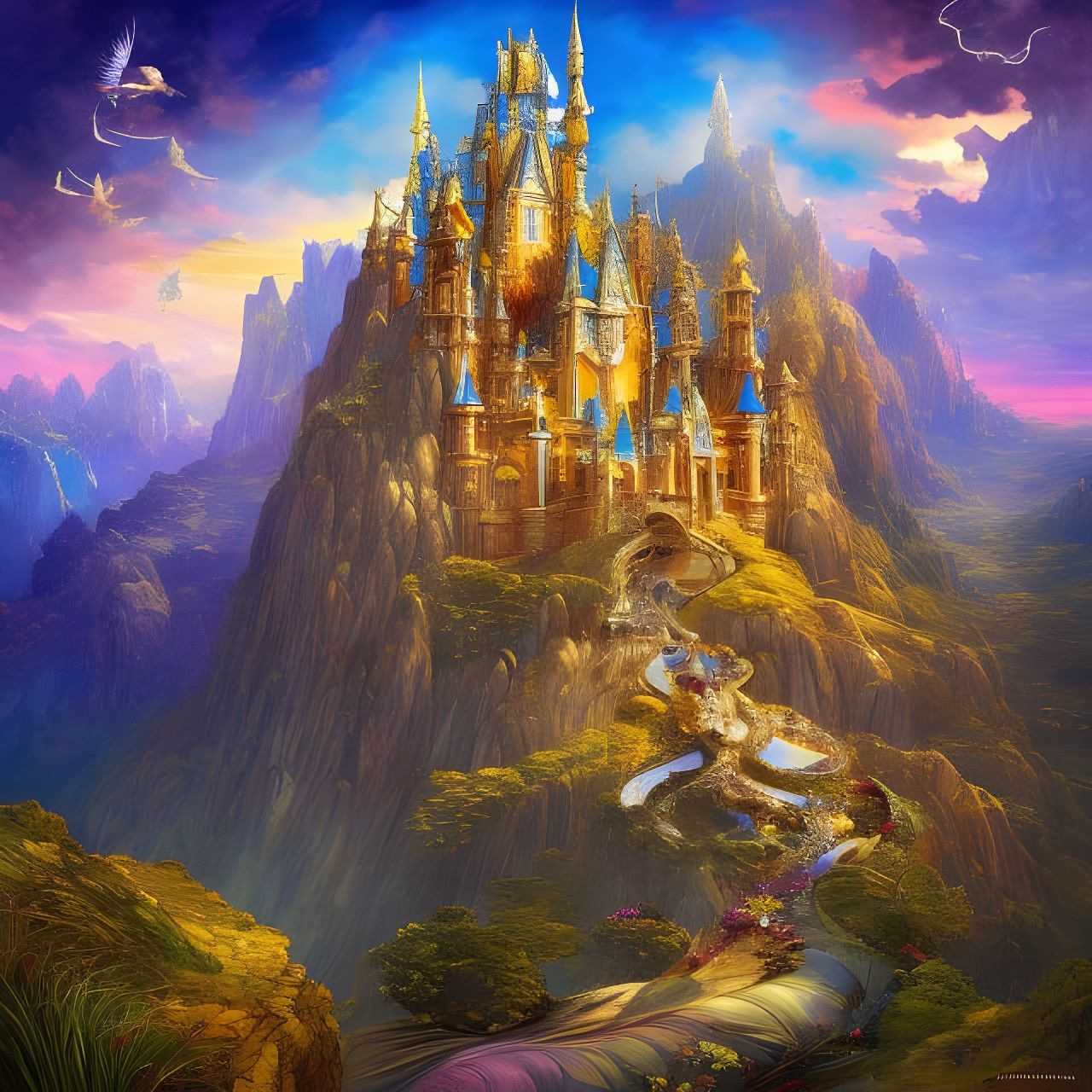 Fantasy Castle on Scenic Mountain Range