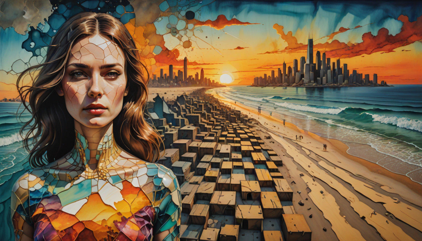 Stunning 3D Surrealist Beach Scene at Sunset