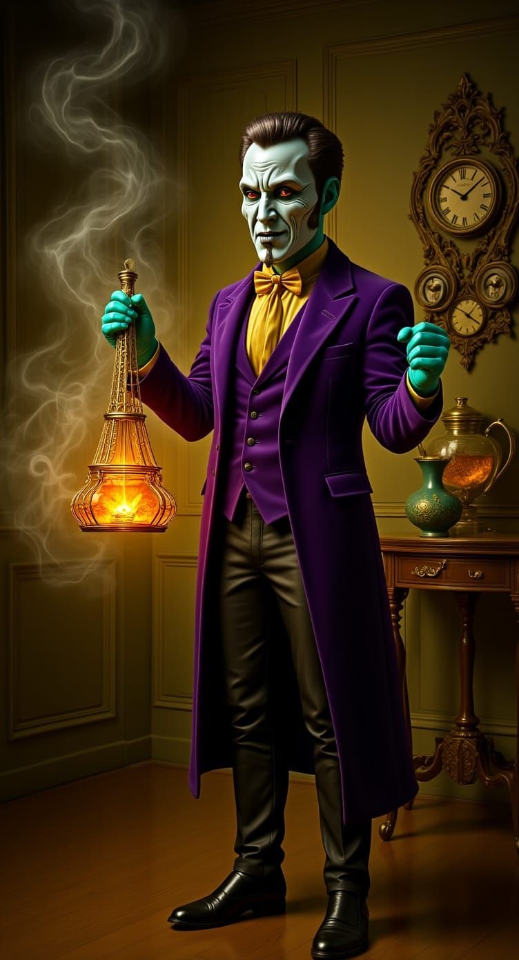 Steampunk Tea Alchemist Levitation in Surreal Salon