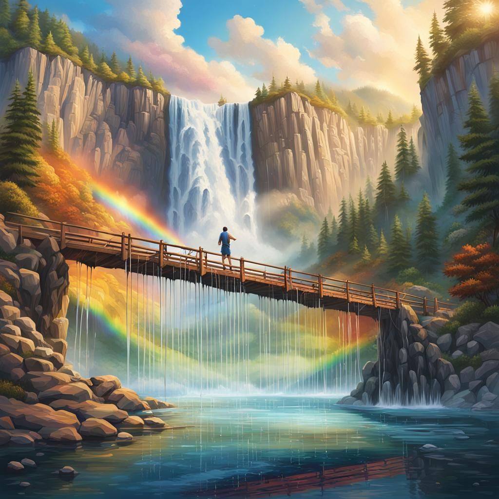 Giant Waterfall Rainbow Crystal Lake Scene