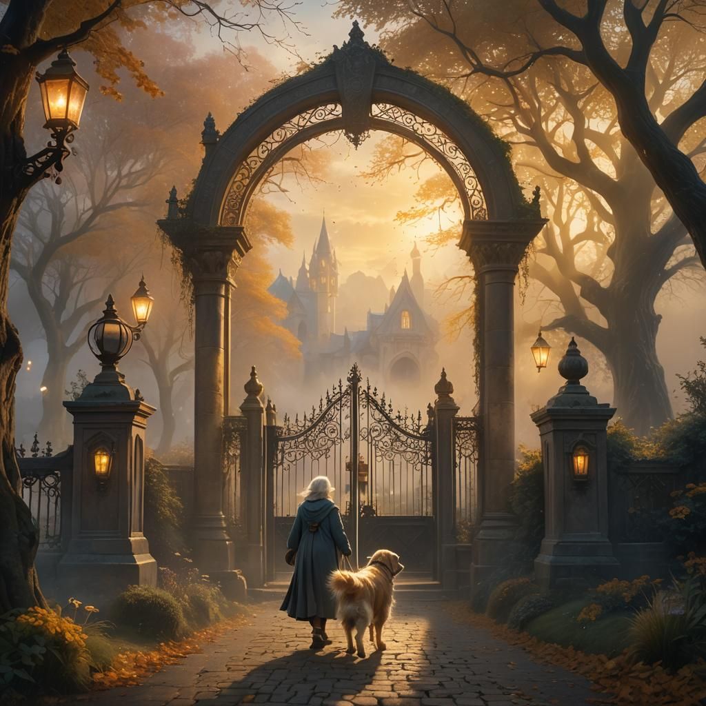Ethereal Gate: Woman and Dog Meet in Heaven