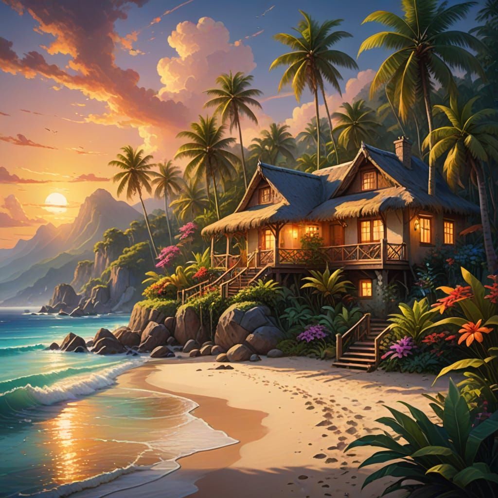 Dreamy Tropical Cottage at Sunset in Oil Painting Style
