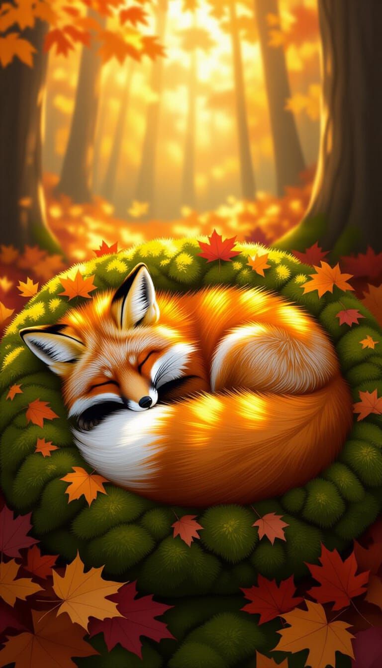 Red Fox Asleep on Moss in Autumn Sunlight