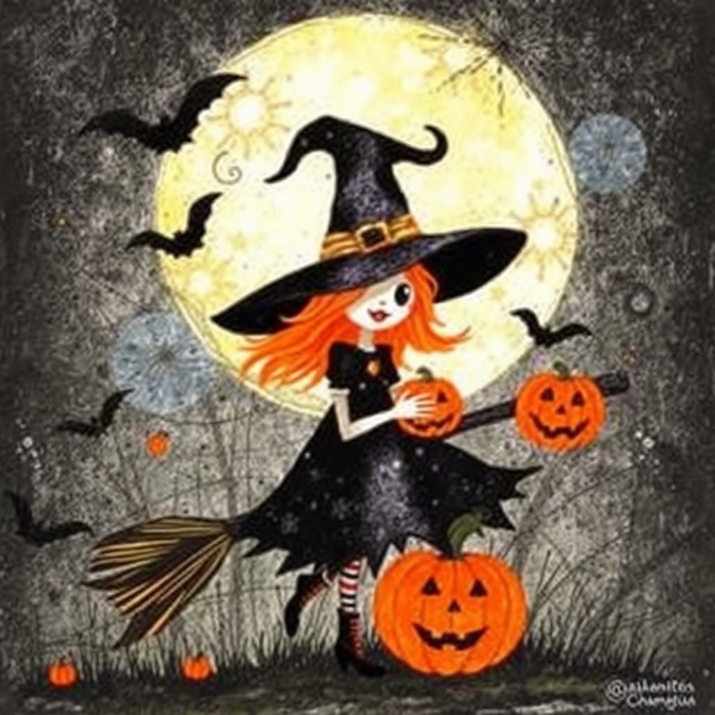 Mystical Halloween Witch in Gelliprint Style