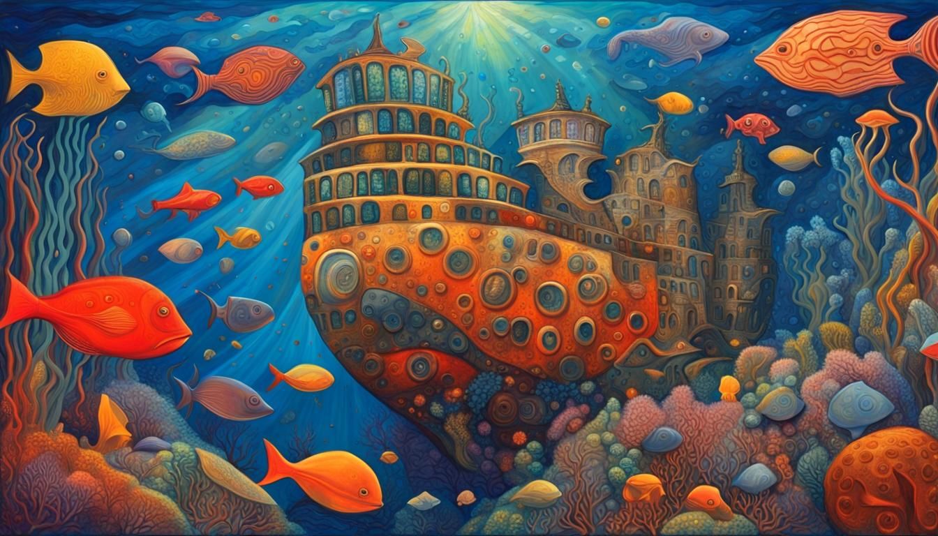 Underwater Shipwreck with Vibrant Coral, Hundertwasser Style