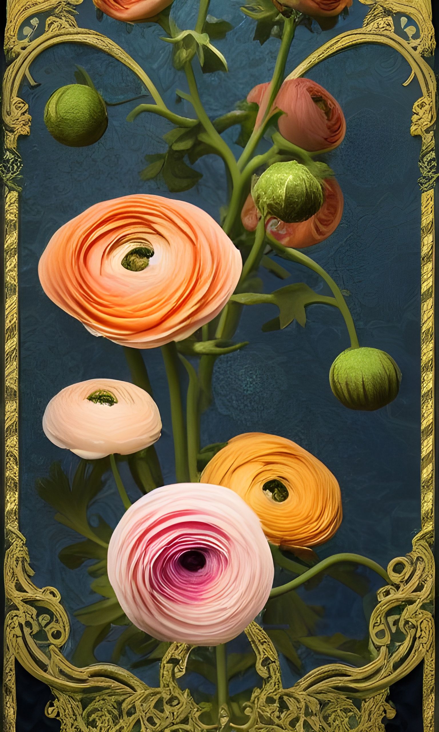 Lush Ranunculus in Rococo Art Nouveau Style